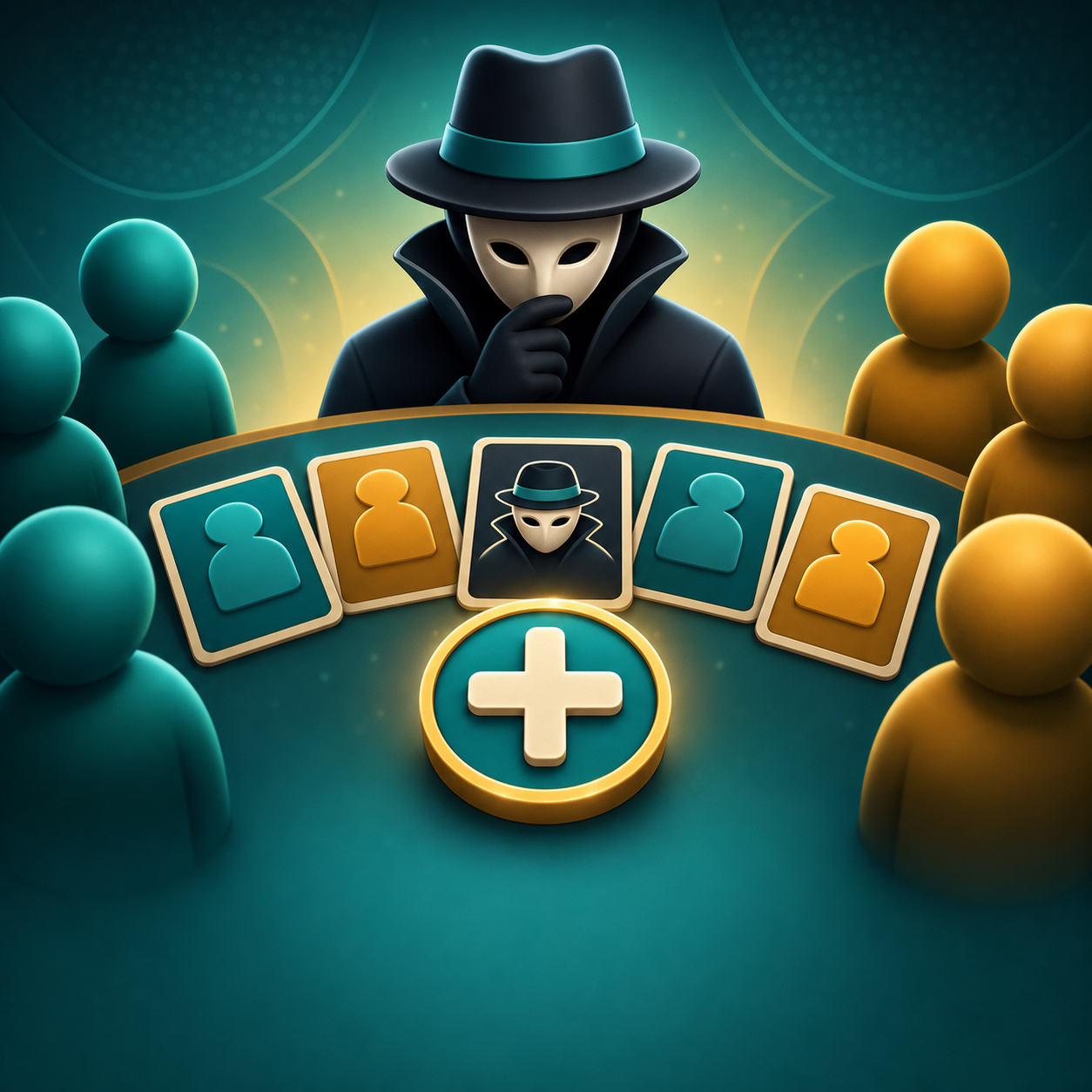 Ilustración de Impostor +: un impostor enmascarado frente a la mesa de juego